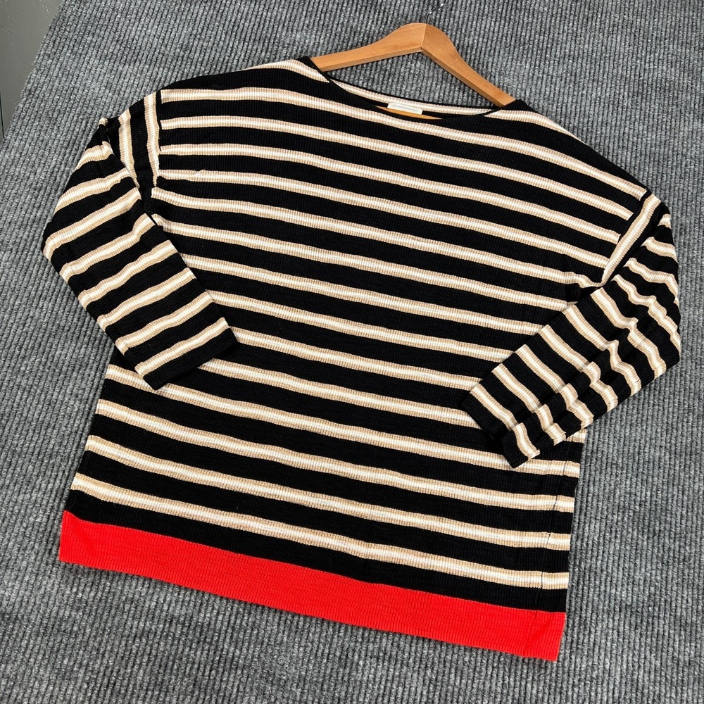 Lou & Grey Sweater Womens Large Black Tan Striped 3/4 Sleeve Ribbed Knit Casual
